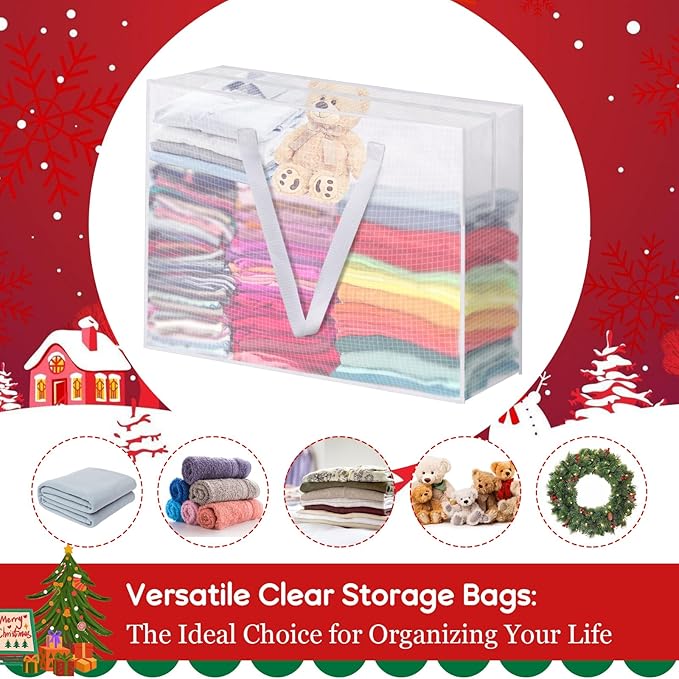 4PCS Christmas Wreath Storage Container, 25" Large Moving Bags Garland Container Clear Storage Bags with Handles Zippers Clear Christmas Storage Bags for Xmas Seasonal Holiday Wreath Storage Wrapping