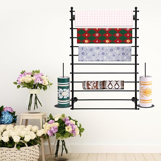12-Layer Ribbon Holder Organizer Rack Wall Mounted Wrapping Paper Storage Rack Ribbon Dispenser Holder Wrapping Station Display Racks for Craft Room Florist Cake Shop(Black)