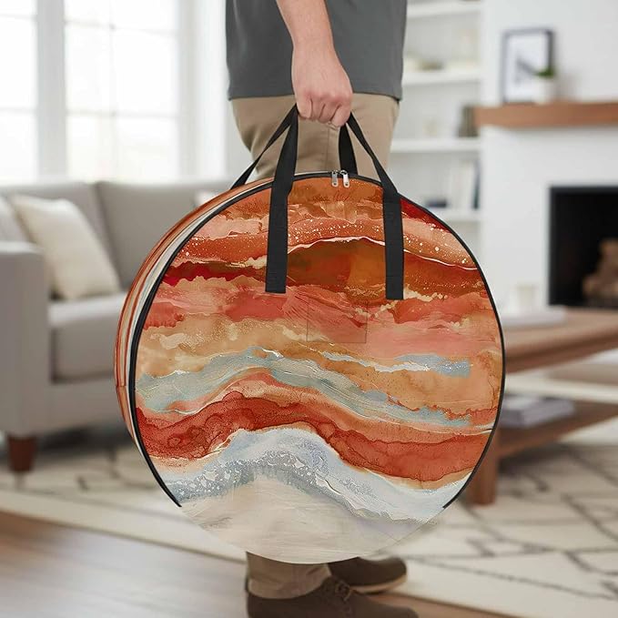 Abstract Orange Round Storage Bag 24 Inch, Gradient Beach Ocean Wave Oil Painting Clothes Storage Container with Handles Heavy Duty Organizer for Comforter, Bedding & Holiday Wreaths