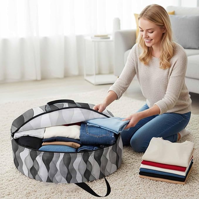 Gray Ripple Round Storage Bag 36 Inch, Abstract Gradient Watercolor Modern Clothes Storage Container with Handles Heavy Duty Organizer for Comforter, Bedding & Holiday Wreaths