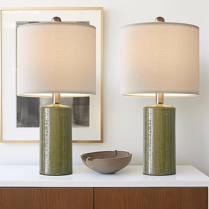 G-SAFAVA 20.25" Small Table Lamps Set of 2 Modern Ceramic Lamps for Living Room Farmhouse Bedside Lamps Boho Lamps for Night Stands Green Bedroom Lamp Side Table Lamps End Table Lamp