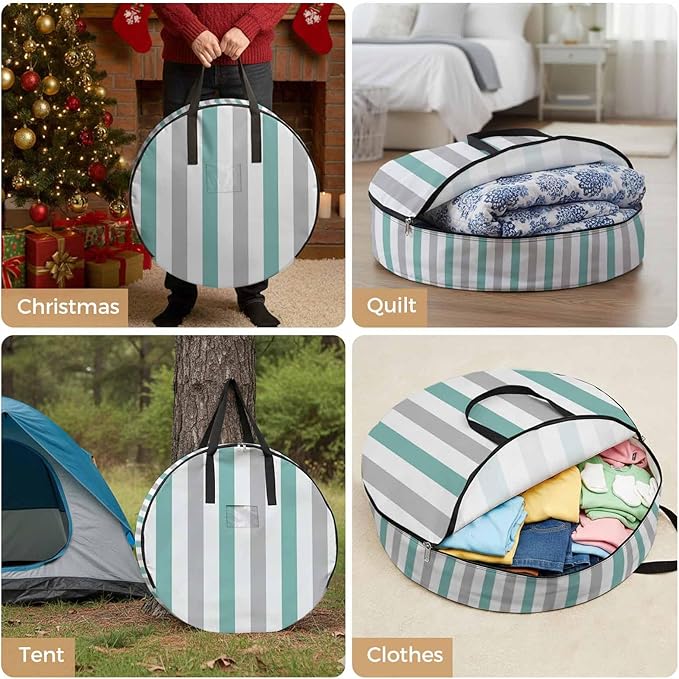 Storage Bag Turquoise Grey Stripes Round Storage Totes Bins Closet Organizers with Zippers & Handle Contrast Striped Clothes Storage Container for Bedroom Dorm Space Saving Packing Supplies Bags