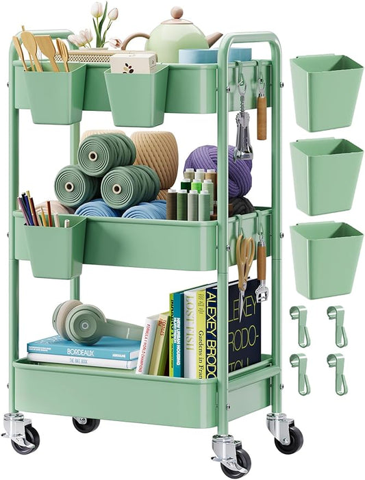 3 Tier Rolling Storage Cart Metal with Wheels, Green Baby Diaper Caddy Carts, Three Tiered Craft Cart Organizer on Wheels, Utility Roller Trolley for Art, Book, Snack, Office, Laundry, Bathroom Shelf