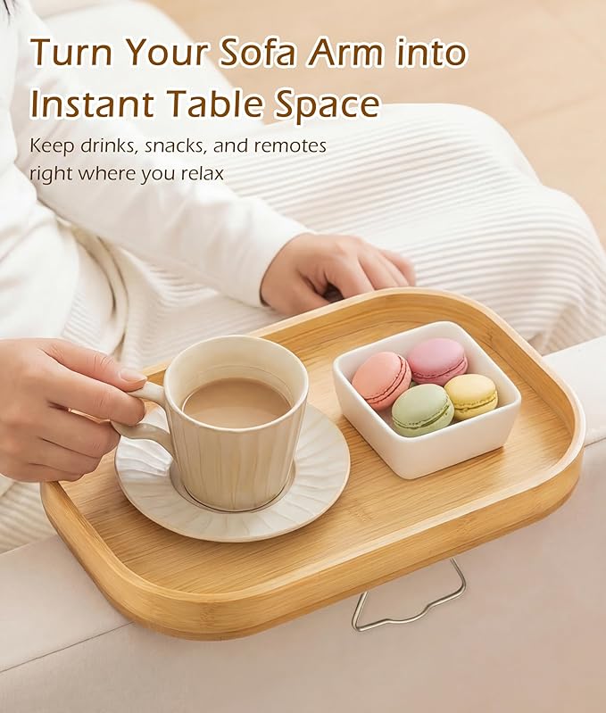 Sofa Arm Tray Table, Bamboo Couch Armrest Tray Clip-On with Adjustable Width Support Leg, Non-Slip Silicone Pads & Scratch Protection, Couch Side Table for Drinks, Snacks, Remote
