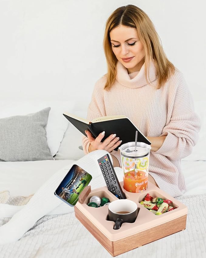 Couch Cup Holder Tray, Silicone Wooden Couch Caddy with Cup Holder for Snacks, Drinks, Remotes, Waterproof Cup Holder for Couch, Organizer, Couch Drink Holder, Easter Gifts