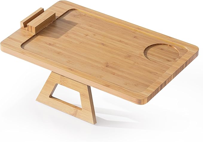 Youpehom Bamboo Sofa Tray,Couch Arm Table, Clip-On Armrest Tray Table for Wide Couch Foldable Tray with 360° Phone Holder Couch Arm Tray for Eating/Drinks/Snacks/Remote