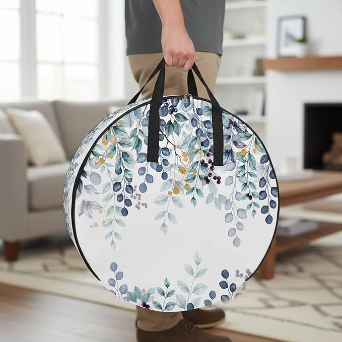 Storage Bag Blue Eucalyptus Leaves Round Storage Totes Bins Closet Organizers with Zippers & Handle Berry Branch Nature Plant Clothes Storage Container for Bedroom Dorm Space Saving Packing Supplies