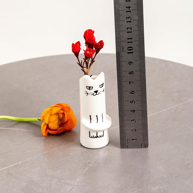 MOUGIGI Set of 3 Cat Flower Vase Bud Ceramic Mini Handmade Tiny Vases for Home Decor, Wedding Party, Birthday Gift - Unique, Cute and Aesthetic Miniature Vases - Japanese Trendy, Pretty and Bulk