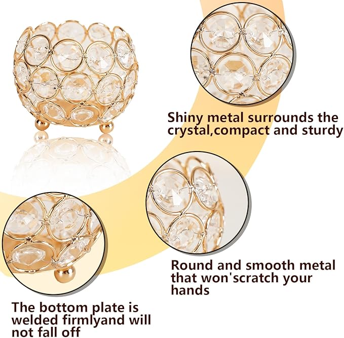 VINCIGANT Gold Crystal Votive Candle Holders for Table Tenterpiece,Small Bowl/Ball Tealight Candle Lantern for Thanksgiving Wedding Table Decoration, (4pcs)