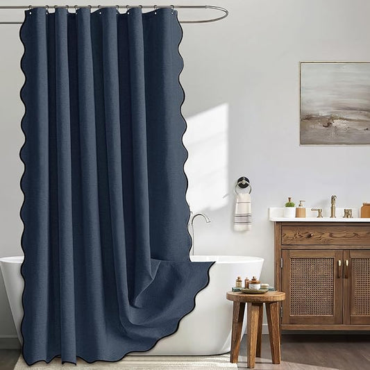 MIULEE 84" Long Scalloped Shower Curtain Linen Textured with 12 Metal Hooks Cute Extra Long Heavy Duty Washable Waterproof Cloth Shower Curtains with Black Border for Bathroom Hotel Bathtub,Navy