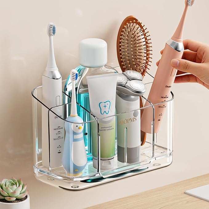 Toothbrush Holders for Bathroom Countertop Organizer, 5 Slots Large Capacity Electric Toothbrush Holder Wall-Mount for Space Saving, Tooth Brush and Toothpaste Holder with Dividers for Easy Clean