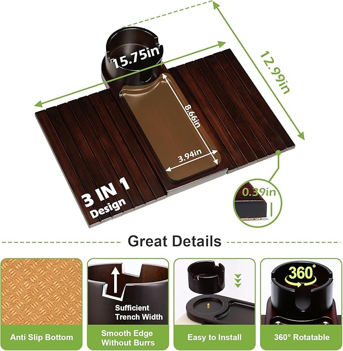 Couch Cup Holder,Bamboo Couch Arm Tray with 360° Rotating Cup Holder,Foldable Anti-Slip Sofa Arm Chair Tray for Eating Snack Drink Side Table
