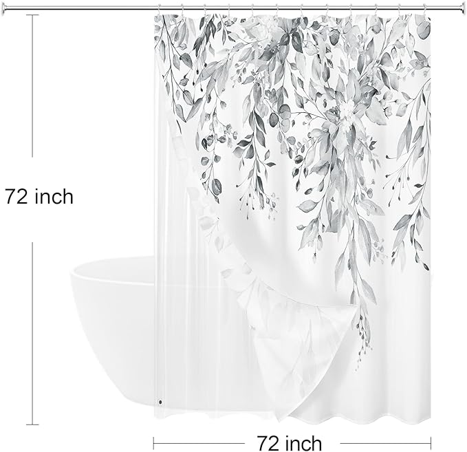Gibelle 3 in 1 Shower Curtain Set, 72x72 Grey Eucalyptus Bath Curtain and PEVA Liner Set with 12 Metal Hooks, Waterproof Fabric Bathroom Curtain