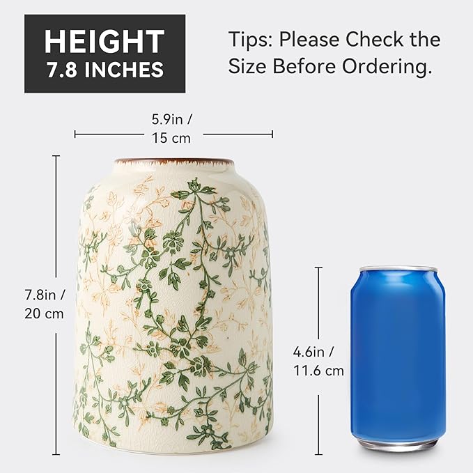 for Mom from Daughter or Son, Vintage Green Chinoiserie Ceramic Vase 7.8”, Ice Crack Floral Retro Decorative Vase for Living Room, Bookshelf, Office, Grandmillennial Decor