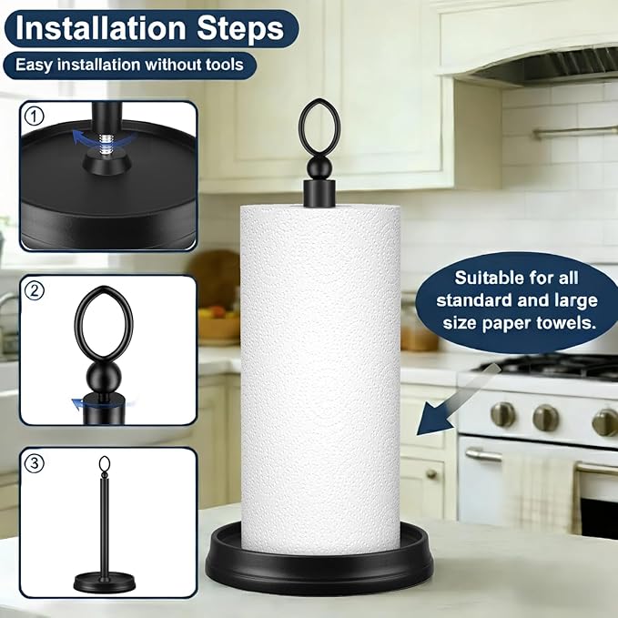 Kasunto Standing Paper Towel Holder, Non-Slip Paper Towel Roll Holder for Bathroom, Stainless Steel Kitchen Paper Towel Stand Countertop (Matte Black, 2 Pack)