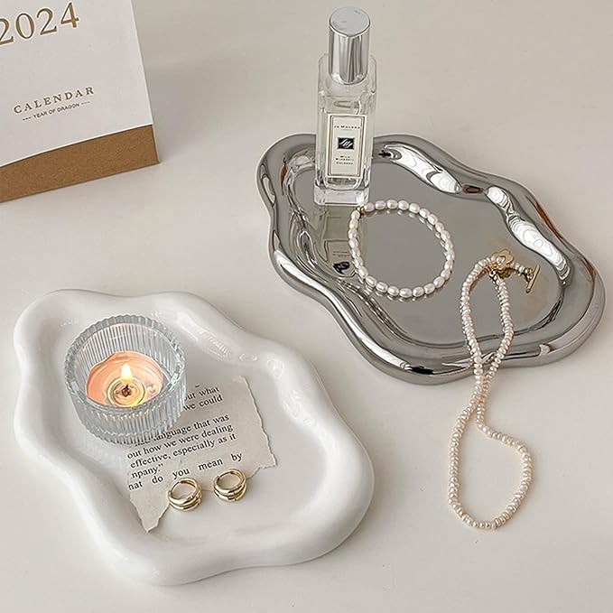 Jewelry Tray for Women, Cloud Shape Ceramic Trinket Dish, Jewelry Organizer Storage Holder for Ring Earring Bracelet Necklace, Make Up Organizer (White) (Silver)