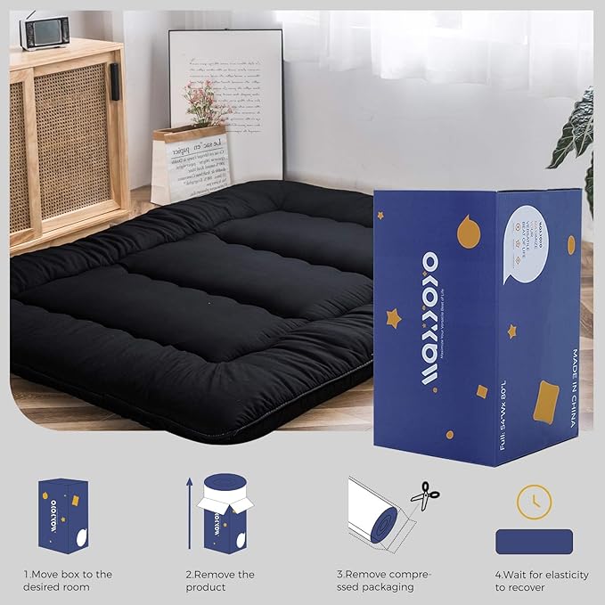 MAXYOYO Japanese Floor Mattress Futon Mattress, 4" Thicken Tatami Mat Sleeping Pad Foldable Roll Up Mat Boys Girls Dormitory Pad Kids Floor Lounger, Black, King