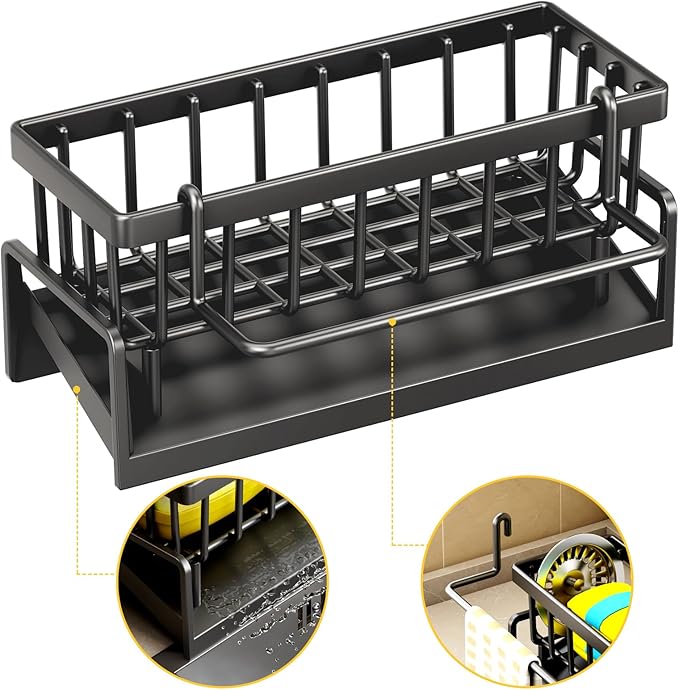 Sponge Holder for Kitchen Sink, Over sink dish drying rack- Non-Slip Sink Organizer with Utensil Holder for small kitchen space saving dish rack，Rustproof Steel Dish Sponge Organizer，Kitchen organizer