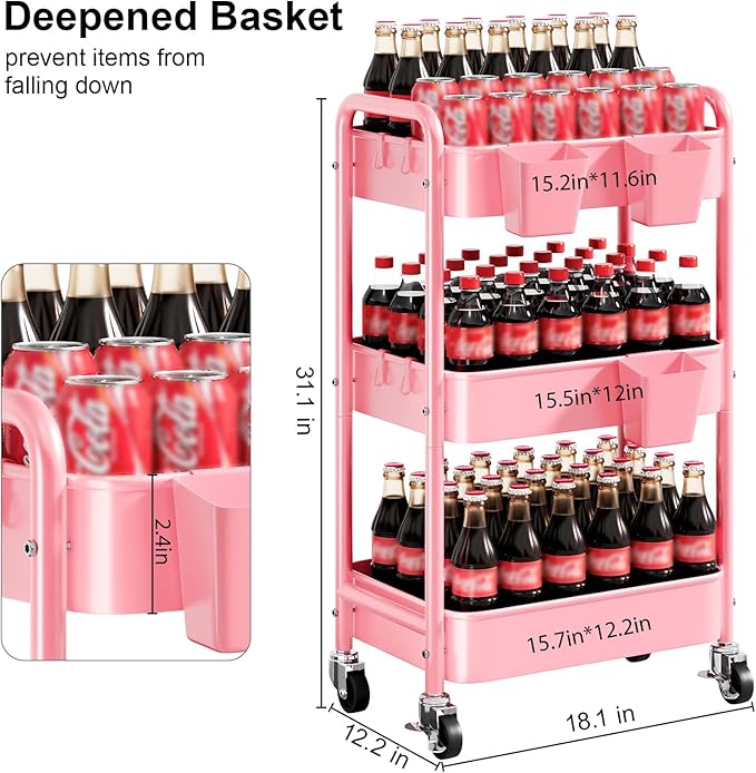 3 Tier Rolling Cart on Wheels, Metal Utility Storage Cart with Wheels, Three Tiered Craft Carts Organizer with Hanging Cups, Hooks, Mesh Basket for Bedside, Kitchen, Bathroom, Office, Art, Snack, Pink
