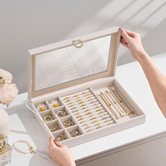bussdis Glass Lid Jewelry Organizer Box – Beige Velvet Jewelry Case with Ring Slots, Necklace Hooks & Removable Compartments for Earrings, Rings & Bracelets