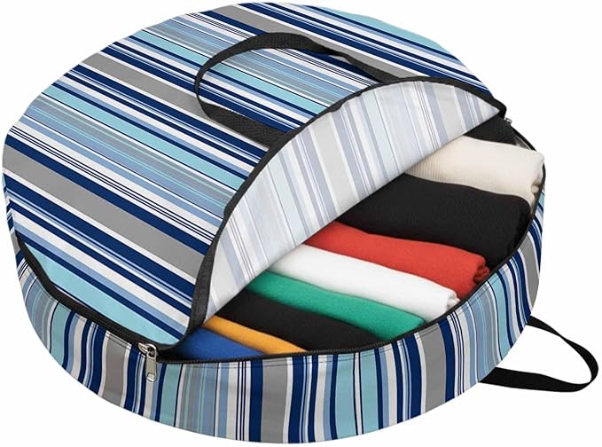 Storage Bag Teal Blue Striped Round Storage Totes Bins Closet Organizers with Zippers & Handle Geometric Navy Stripes Clothes Storage Container for Bedroom Dorm Space Saving Packing Supplies Bags