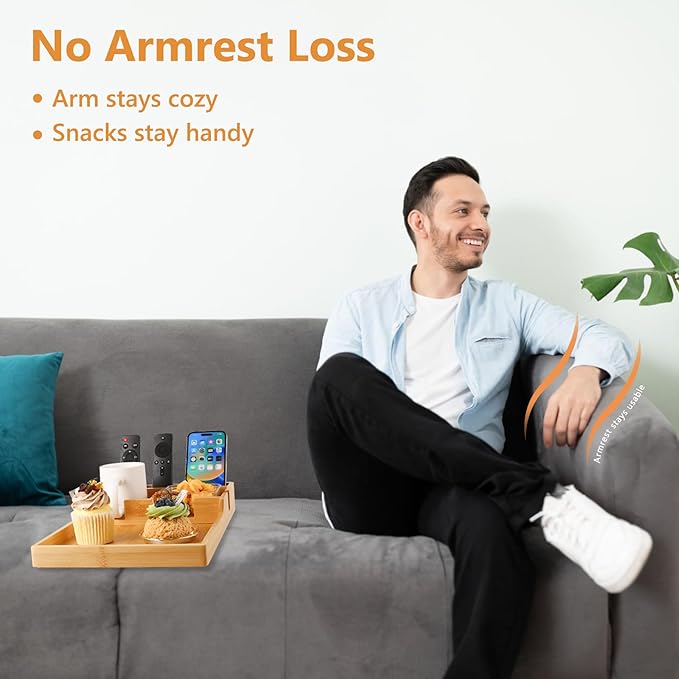 Couch Tray Insert for Middle Seat, Bamboo Couch Table with 2 Cup Holders, Fits Armless Sofa & Sectionals, Fold-Flat Tray for Drinks, Snacks & Remotes, Natural Bamboo