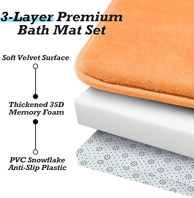 HUXMEYSON Bathroom Rugs Sets 2 Piece, Non-Slip & Quick Dry Bath Mat Set, Ultra Soft Velvet Bath Rugs for Bathroom, Toilet and Shower Floor, Orange