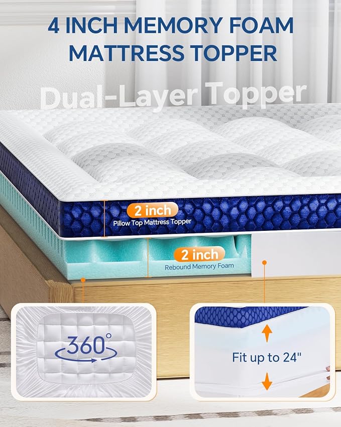 BEDELITE Queen Mattress Topper Dual Layer 4 Inch Memory Foam Mattress Topper, 2 Inch Pilow Top Mattress Pad and 2 Inch Premium Gel Foam Mattress, with Stretchable Pockets Up to 6"-24"
