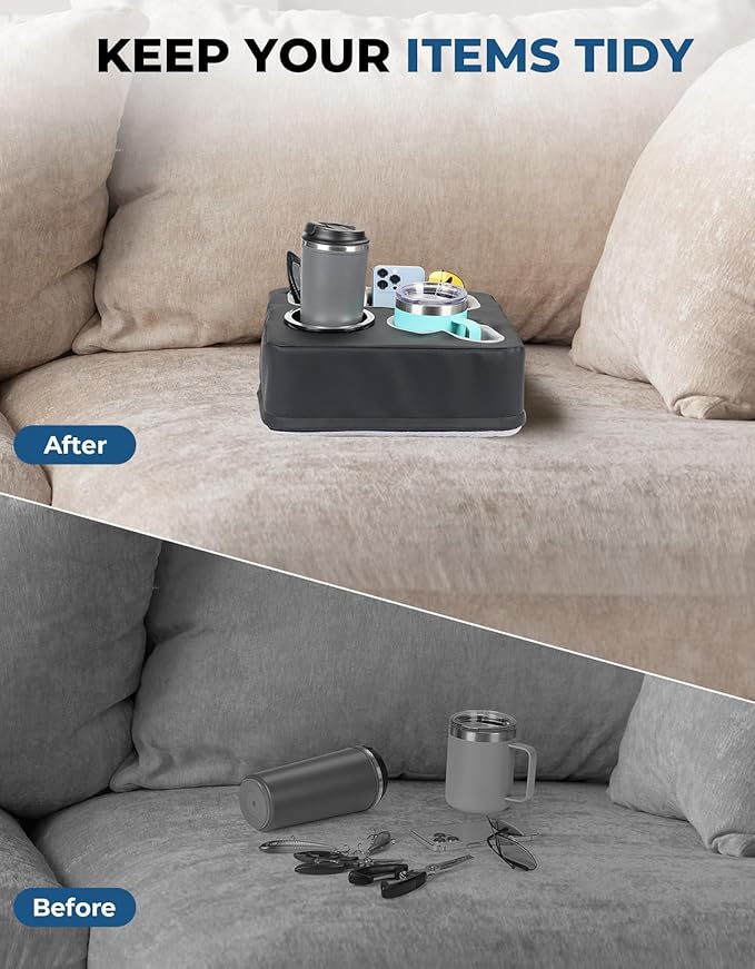 KEMIMOTO Couch Cup Holder Couch Tray Sofa Cup Holder PU Leather Anti-Slip & Spill-Proof Bed Caddy Organizer Sofa Tray for Drinks, Snacks, Remotes, Cell Phones