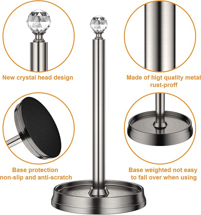 KASUNTO Paper Towel Holder with Crystal Ball - Steel Countertop Stand, Fits Standard & Jumbo Rolls, Brushed Nickel