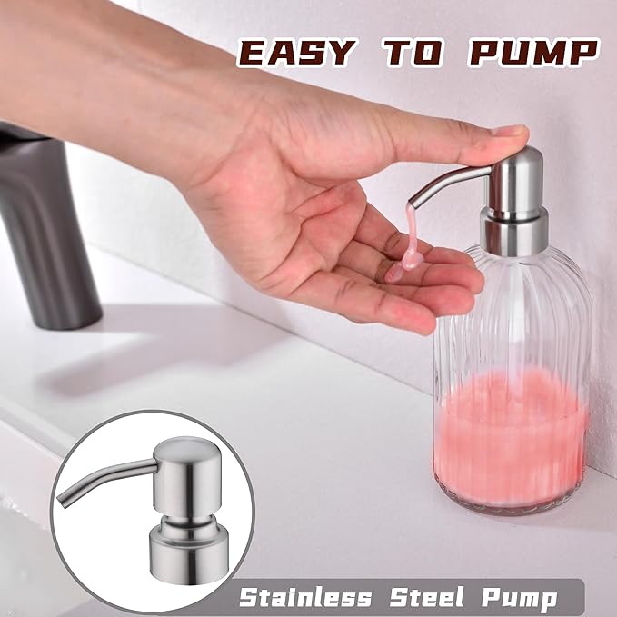 Glass Soap Dispensers for Kitchen and Bathroom, 16oz Heavey Glass Bottle, Stainless Steel Brushed Nickel Pump,Clear Farmhouse Bathroom Soap Dispenser
