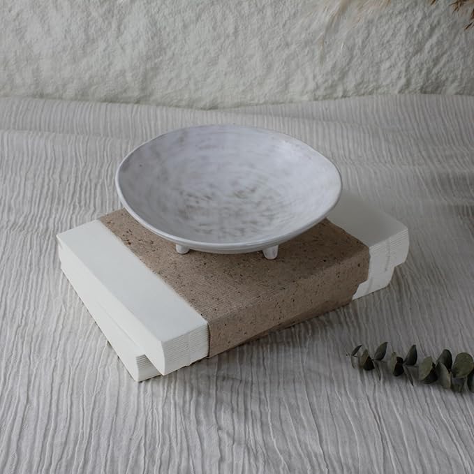 Wabi Sabi Footed Decorative Bowl, Multi-Purpose Small Ceramic Bowl, Vintage Rustic Boho Shelf Table Decor, Natural White