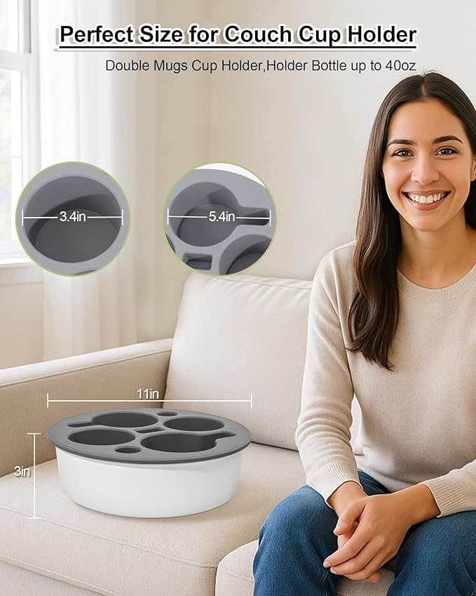 Couch Cup Holder Tray Round, Bonfixe 4-Cups Bedside Drink Holder for Elderly/Pregnancy, Stable Non-Spill Silicone Couch Caddy for Remote Control, Glasses‌, Snacks, Phones‌ (Black-Gray)