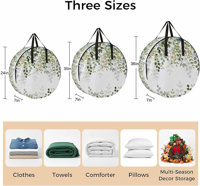 Storage Bag Sage Green Eucalyptus Leaves Round Storage Totes Bins Closet Organizers with Zippers & Handle Berry Branch Nature Plant Clothes Storage Container for Bedroom Space Saving Packing Supplies
