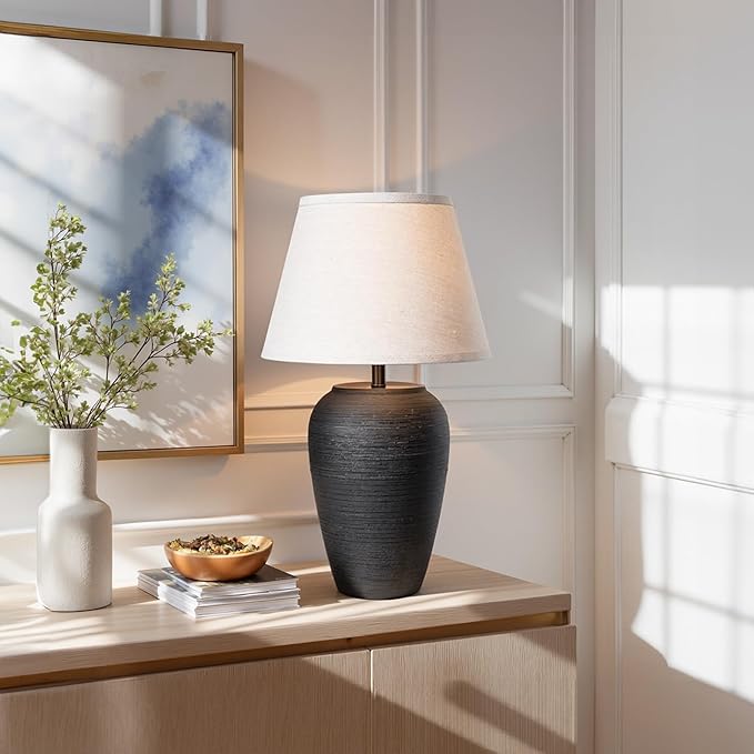 YEPDIN Ceramic Pot Table Lamp 21.25 inch Tall Striped Nightstand Lamp, Tapered Fabric Shade Bedside, Ceramic Decorative for Living Room Bedroom House Office Entryway, TL2