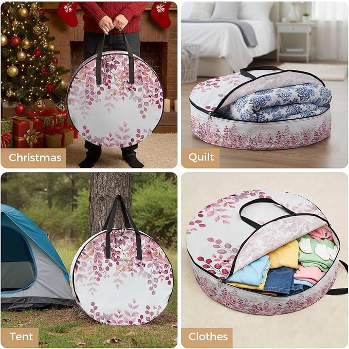 Storage Bag Pink Eucalyptus Leaves Round Storage Totes Bins Closet Organizers with Zippers & Handle Berry Branch Nature Plant Clothes Storage Container for Bedroom Dorm Space Saving Packing Supplies