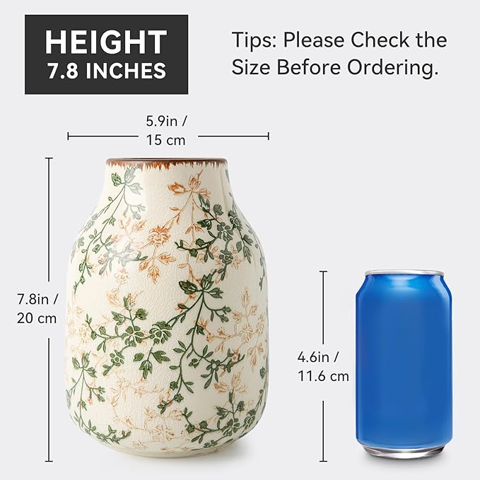for Mom from Daughter or Son, Green & Beige Vintage Chinoiserie Ceramic Vase 7.8”, Floral Rustic Decorative Vase for Living Room, Bookshelf, Office, Grandmillennial & Tuscan Decor