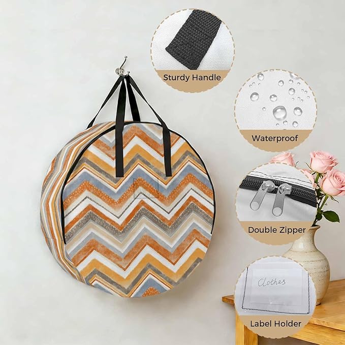 Storage Bag Orange Grey Chevron Round Storage Totes Bins Closet Organizers with Zippers & Handle Geometric Design Stripe Clothes Storage Container for Bedroom Dorm Space Saving Packing Supplies Bags