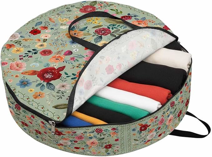 Storage Bag Sage Green Floral Round Storage Totes Bins Closet Organizers with Zippers & Handle Farmhouse Vintage Flower Clothes Storage Container for Bedroom Dorm Space Saving Packing Supplies Bags