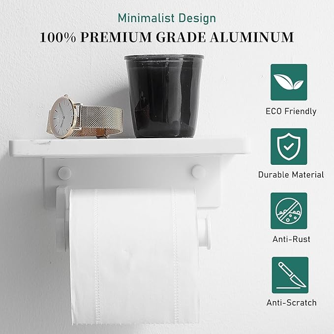 Hoimpro White Aluminum Toilet Paper Holder with White Natural Marble Shelf, Wall Mounted Tissue Hand Paper Roll Storage Holder for Bathroom Kitchen Washroom Bedroom