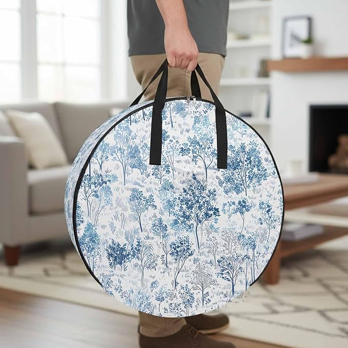 Storage Bag Maple Tree Pine Round Storage Totes Bins Closet Organizers with Zippers & Handle Watercolor Plants Blue Clothes Storage Container for Bedroom Dorm Space Saving Packing Supplies Moving Bags