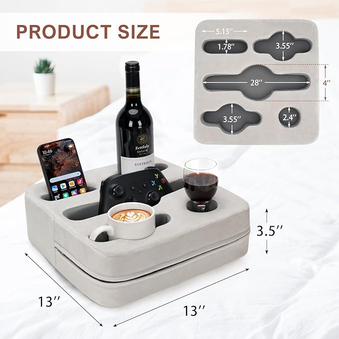 Couch Cup Holder Pillow - Sofa Cup Holder | Couch Caddy, Couch Drinks Remotes Holder for Cups, Headphones, Snacks, and Phones | Use it on Car, Pack, Beach, RV, and More(Silvergrey)