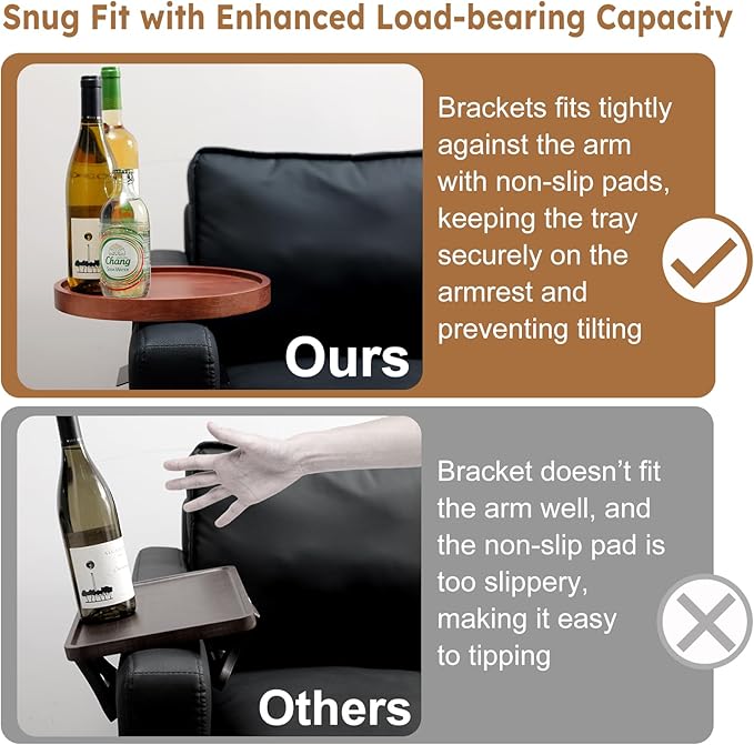 2 Pack Sofa Arm Tray,11.8“ Adjustable Natural Wood Couch Arm Trays Tables with Phone Holder,More Anti-Slip Clip On Chair Table Tray,Round Couch Armrest Cup Holder for Drinks Snack Eating