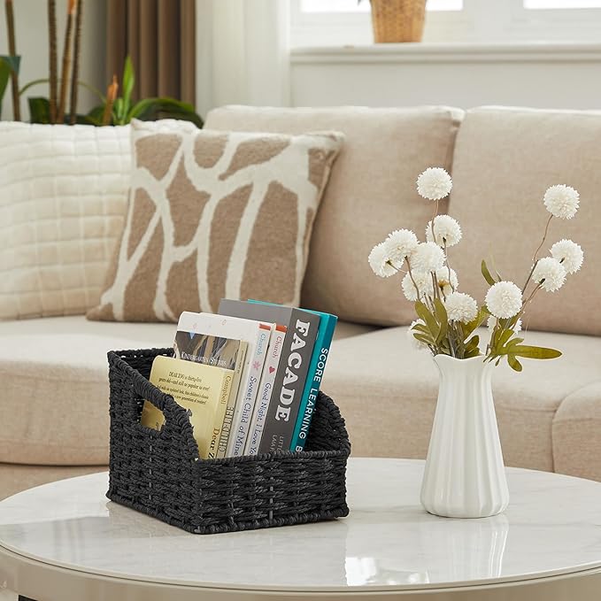 Pantry Organizers, Handwoven Large Wicker Baskets for Shelves, Labeled Storage Baskets for Organizing with Handles - Paper Storage Bins, Boho Decorative, 3 Pack, Black