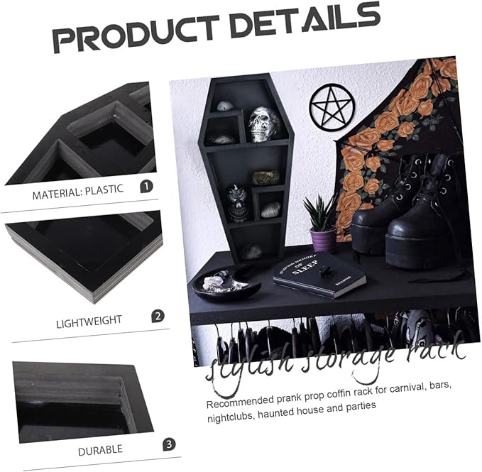 Coffin Shaped Storage Rack Gothic Organizer for Halloween Decor Unique Display Shelf for Creepy Collectibles Design for Parties and Haunted House Themes