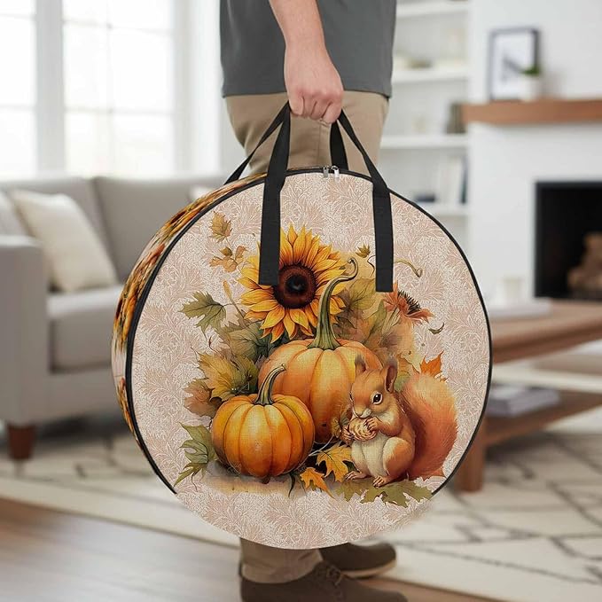 Thanksgiving Sunflowers Round Storage Bag 30 Inch, and Pumpkin with Squirrel Beige Clothes Storage Container with Handles Heavy Duty Organizer for Comforter, Bedding & Holiday Wreaths