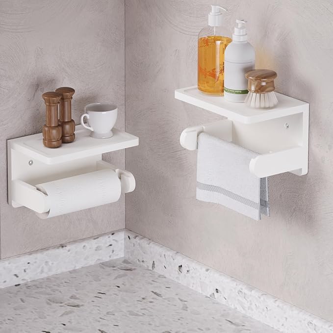 VERTORGAN Toilet Paper Holder with Phone Shelf,Bamboo Wall Mounted Tissue Roll Holder for Bathroom(White)