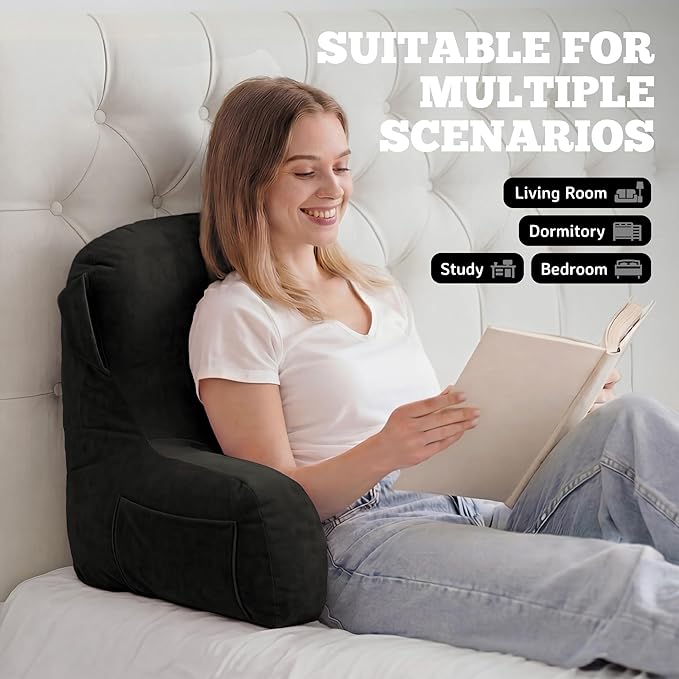 Unisakey Portable Comfy Reading Pillows for Bed Sitting Up(Grey Oeko-Tex), Velvet Back Pillow with Arms & Pockets for Adults, Support Memory Foam Bed Pillow for Dorm/Reading/Watching/Gaming