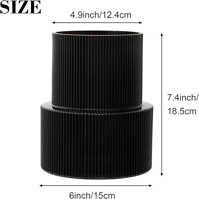 Ribbed Glass Vase, Flower Vase, Fluted Black Vases for Flowers, Modern Vases for Living Room, Dining Table, Entryway, Shelf, Wedding, Office, Coffee Table, Birthday, 7.5 Inches