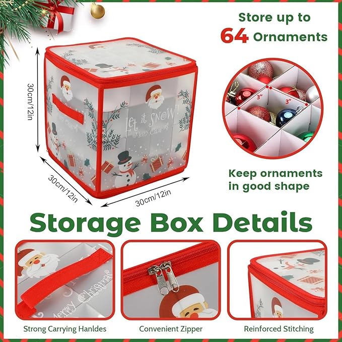 Ornament Boxes - Zippered Organizer Bins with Dividers, Christmas Storage Box with Lid and Handle, Sturdy Fabric Material, Premium Holiday Storage Accessory, Perfect for Home Basement Garage Closet